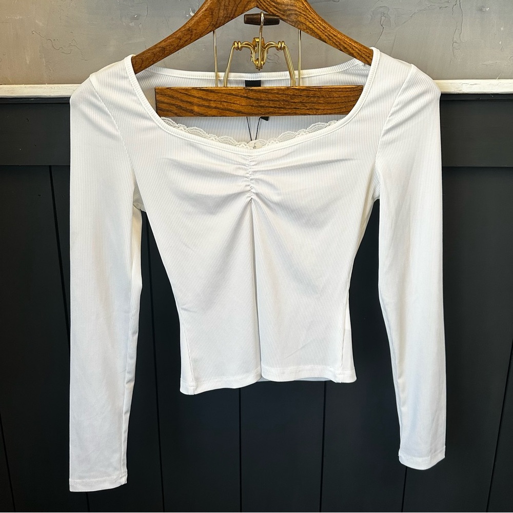 ROMWE Womens Sweetness‎ Solid Tee White Long Sleeve with Lace size XS (2)